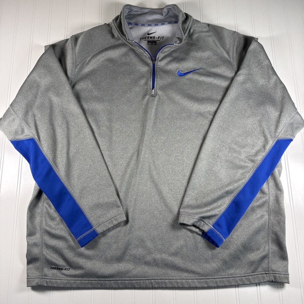 Nike Therma-FIT‎ Pullover Mens 2XL Gray Blue Quarter Zip Sweatshirt Athletic